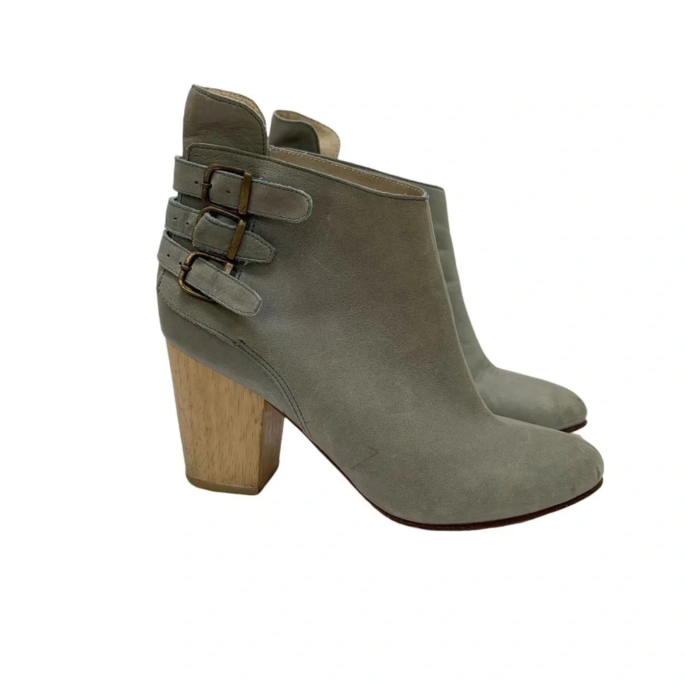 Fortress of Inca Leather Booties Size 6 Ankle Boots Heel Buckles Gray Green